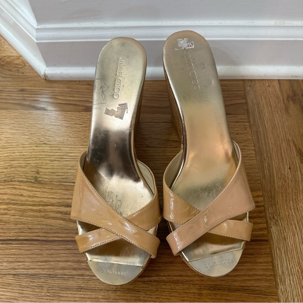 Jimmy Choo gold metallic Perfume cork wedges size 42